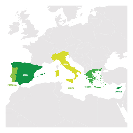 South Europe Region. Map of countries in southern Europe around Mediterranean Sea. Vector illustration.のイラスト素材