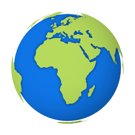 Natural Earth globe. 3D world map with green lands dropping shadows on blue seas and oceans. Vector illustration.のイラスト素材
