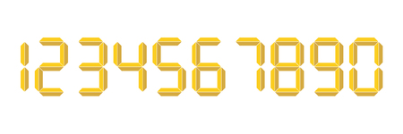 Yellow 3D-like digital numbers. Seven-segment display is used in calculators, digital clocks or electronic meters. Vector illustration.のイラスト素材