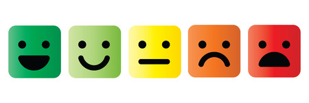 Basic emoticons set in square with rounded corners. Five facial expression of feedback scale - from positive to negative. Simple colored vector icons.のイラスト素材