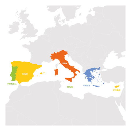 South Europe Region. Map of countries in southern Europe around Mediterranean Sea. Vector illustration.のイラスト素材