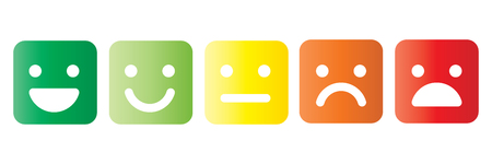 Basic emoticons set in square with rounded corners. Five facial expression of feedback scale - from positive to negative. Simple colored vector icons.のイラスト素材