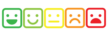 Basic emoticons set in square with rounded corners. Five facial expression of feedback scale - from positive to negative. Simple colored vector icons.の写真素材