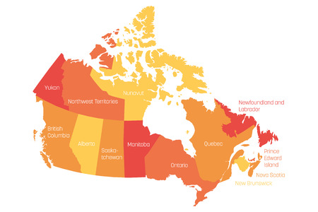 Map of Canada divided into 10 provinces and 3 territories. Administrative regions of Canada. Orange map with labels. Vector illustration.の写真素材