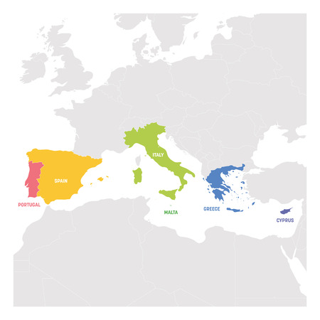 South Europe Region. Colorful map of countries in southern Europe around Mediterranean Sea. Vector illustration.のイラスト素材