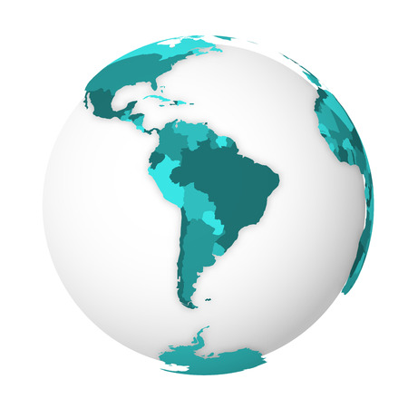 Blank political map of South America. 3D Earth globe with turquoise blue map. Vector illustration.のイラスト素材