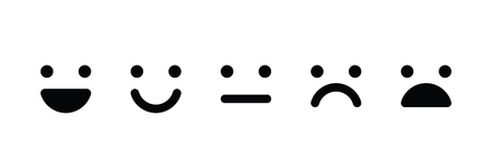 Basic emoticons set. Five facial expression of feedback - from positive to negative. Simple black vector icons.のイラスト素材