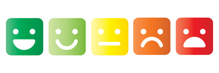 Basic emoticons set in square with rounded corners. Five facial expression of feedback scale - from positive to negative. Simple colored vector icons.