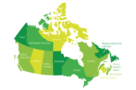 Map of Canada divided into 10 provinces and 3 territories. Administrative regions of Canada. Green map with labels. Vector illustration.のイラスト素材