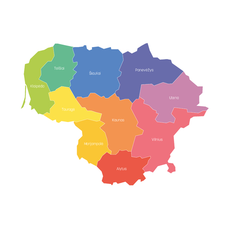 Counties of Lithuania. Map of regional country administrative divisions. Colorful vector illustration.のイラスト素材
