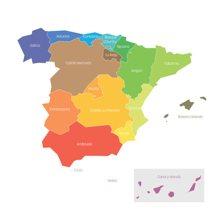 Political divisions of Spain. Map of regional country administrative divisions. Colorful vector illustration.の写真素材