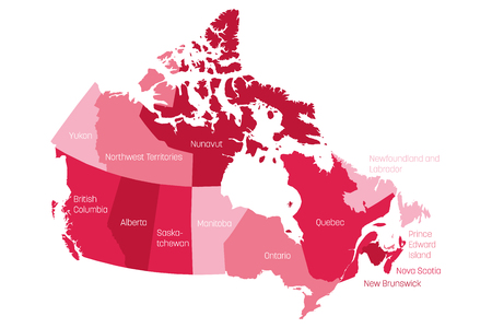 Map of Canada divided into 10 provinces and 3 territories. Administrative regions of Canada. Pink map with labels. Vector illustration.の写真素材