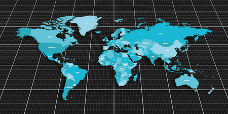 Colorful geopolitical map of World. Bottom perspective view with background grid. Vector illustration.のイラスト素材