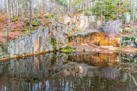 LIPNICE NAD SAZAVOU, CZECH REPUBLIC - DECEMBER 31, 2018: Bretschneiders Ear scuplture in old granite rock quarry near Lipnice Castle.のeditorial素材