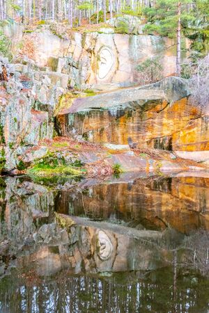 LIPNICE NAD SAZAVOU, CZECH REPUBLIC - DECEMBER 31, 2018: Bretschneiders Ear scuplture in old granite rock quarry near Lipnice Castle.のeditorial素材