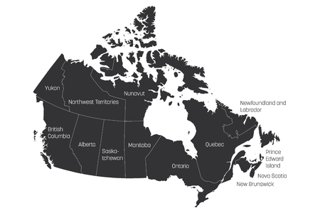 Map of Canada divided into 10 provinces and 3 territories. Administrative regions of Canada. Grey map with labels. Vector illustration.の写真素材