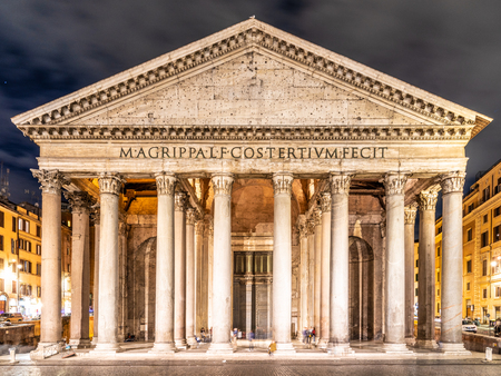 Pantheon - former Roman temple. Piazza della Rotonda by night, Rome, Italy.の写真素材