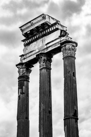 Temple of Castor and Pollux, Italian: Tempio dei Dioscuri. Ancient ruins of Roman Forum, Rome, Italy. Detailed view. Black and white image.の写真素材