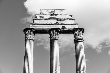 Temple of Castor and Pollux, Italian: Tempio dei Dioscuri. Ancient ruins of Roman Forum, Rome, Italy. Detailed view. Black and white image.の写真素材
