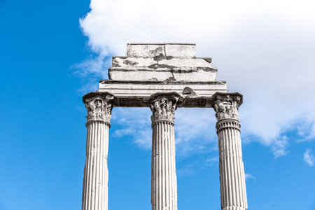 Temple of Castor and Pollux, Italian: Tempio dei Dioscuri. Ancient ruins of Roman Forum, Rome,...