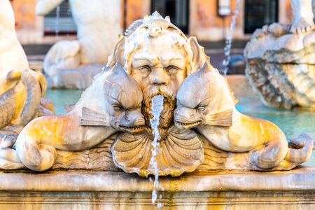 Fontana del Moro, or Moor Fountain, on Piazza Navona, Rome, Italy. Detailed view of sculptures.の写真素材