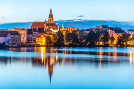 Jindrichuv Hradec panoramic cityscape with Vajgar pond in the foreground. Czech Republic.の写真素材
