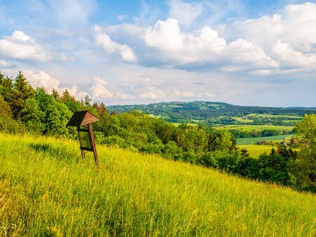 Summer landscape with lush green meadows, forest, blue sky and white clouds.の写真素材