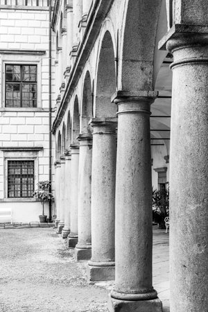 JINDRICHUV HRADEC, CZECH REPUBLIC - 27 JULY, 2019: Great arcades - white renaissance archs on Third...