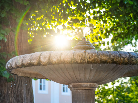Detailed view of ornamental park fountain in the sunshine. Hot summer day.の写真素材