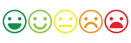 Basic emoticons set. Five facial expression of feedback scale - from positive to negative. Simple colored vector icons.のイラスト素材