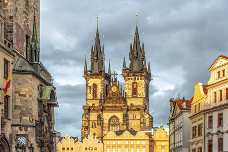 Astronomical clock, Czech: Orloj, and Church of Our Lady before Tyn at Old Town Square in Prgue, Czech Republic.の写真素材