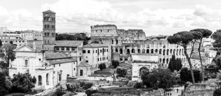 Roman Forum, Latin Forum Romanum, most important cenre in ancient Rome, Italy. Aerial view from Palatine Hill. Black and white image.の写真素材