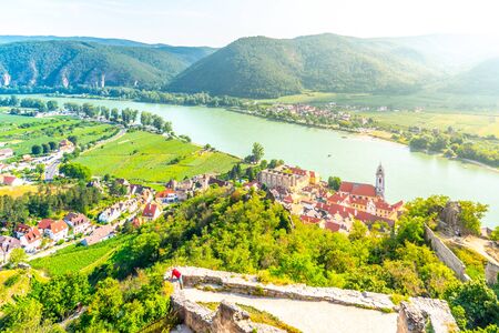 Scenic aerial view of Durnstein Village, Wachau Valley of Danube River, Austria.の写真素材