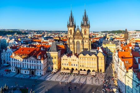 PRAGUE, CZECH REPUBLIC - SEPTEMBER 04, 2019: Aerial view of Church of Our Lady before Tyn at Old Town Square, Prague, Czech Republic.のeditorial素材