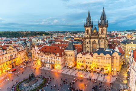 PRAGUE, CZECH REPUBLIC - SEPTEMBER 04, 2019: Aerial view of Church of Our Lady before Tyn at Old Town Square, Prague, Czech Republic. Evening time.のeditorial素材