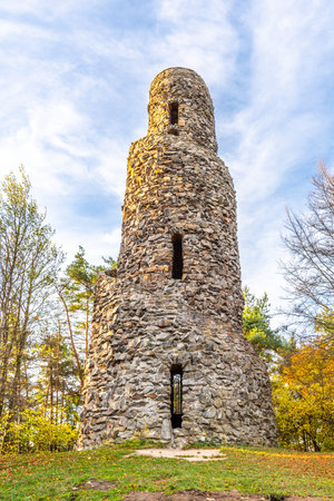 Spiral lookout tower of Krasno. Unusual stone landmark near Krasno Village, Czech Republic.