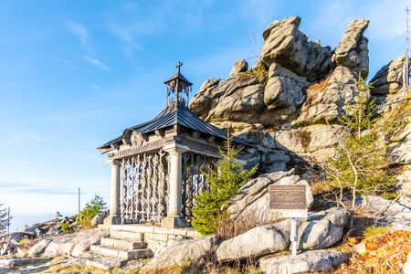 Small chapel of Johann Nepomuk Neumann at Hochstein Summit, Bavarian Forest, Germany.の写真素材