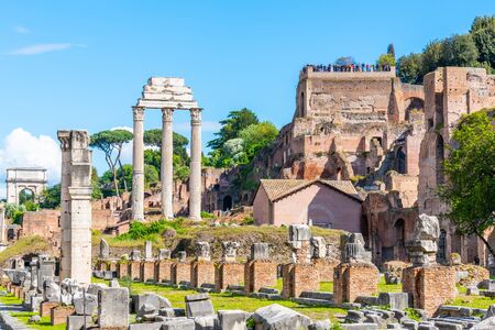 Ancient ruins of Basilica Julia and Temple of Castor and Pollux in Roman Forum, Rome, Italy.の写真素材