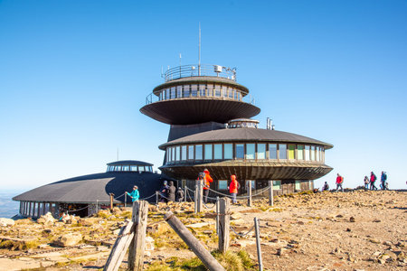 SNEZKA, GIANT MOUNTAINS - OCTOBER 12, 2019: Polish hut on the top of Snezka or Sniezka Mountain, Giant Mountains, Czech Republic and Poland.のeditorial素材