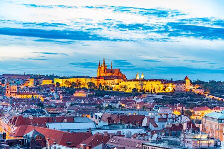 Prague Castle evening scenery. Hradcany with St Vitus Cathedral after sunset. Prague, Czech Republic.の写真素材