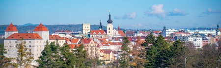 Cityscape of Mlada Boleslav with Old Town buildings and Mlada Boleslav Castle, Czech Republic.