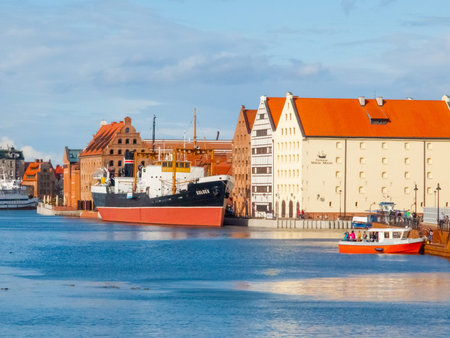 GDANSK, POLAND - AUGUST 25, 2014: SS Soldek ship - polish coal and ore freighter. On Motlawa River...