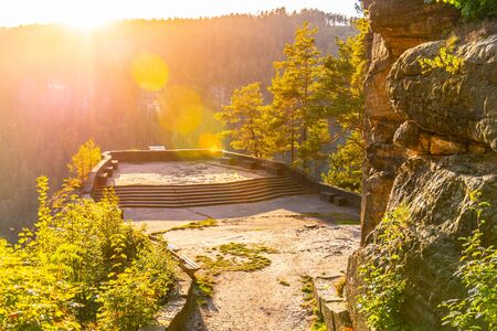 Belveder lookout point above Labe River valley near Decin. Elbe Sandstone Mountains, Czech Republic.の写真素材