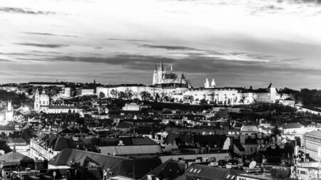 Prague Castle evening scenery. Hradcany with St Vitus Cathedral after sunset. Prague, Czech Republic. Black and white image.の写真素材
