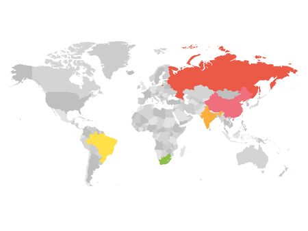 World map with highlighted member countries of BRICS - association of five major emerging national economies - Brazil, Russia, India, China and South Africa.のイラスト素材