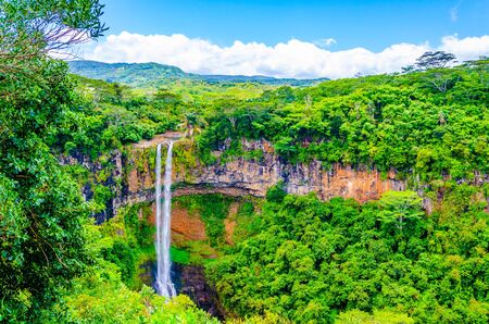 Chamarel Waterfall in lush tropical greenery of Mauritius, Indian Ocean.の写真素材