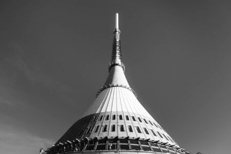 LIBEREC, CZECH REPUBLIC - JANUARY 02, 2020: Jested - Mountain hotel and transmitter on sunny winter day, Liberec, Czech Republic. Black and white image.のeditorial素材