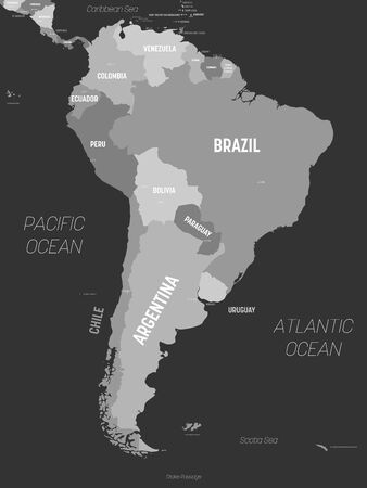 South America map - grey colored on dark background. High detailed political map South American continent with country, capital, ocean and sea names labeling.のイラスト素材