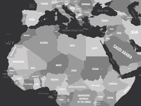 Northern Africa map - grey colored on dark background. High detailed political map of northern african rgion with country, capital, ocean and sea names labeling.のイラスト素材