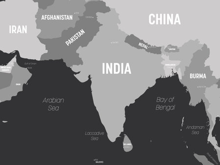 South Asia map - grey colored on dark background. High detailed political map of southern asian region and Indian subcontinent with country, capital, ocean and sea names labeling.のイラスト素材